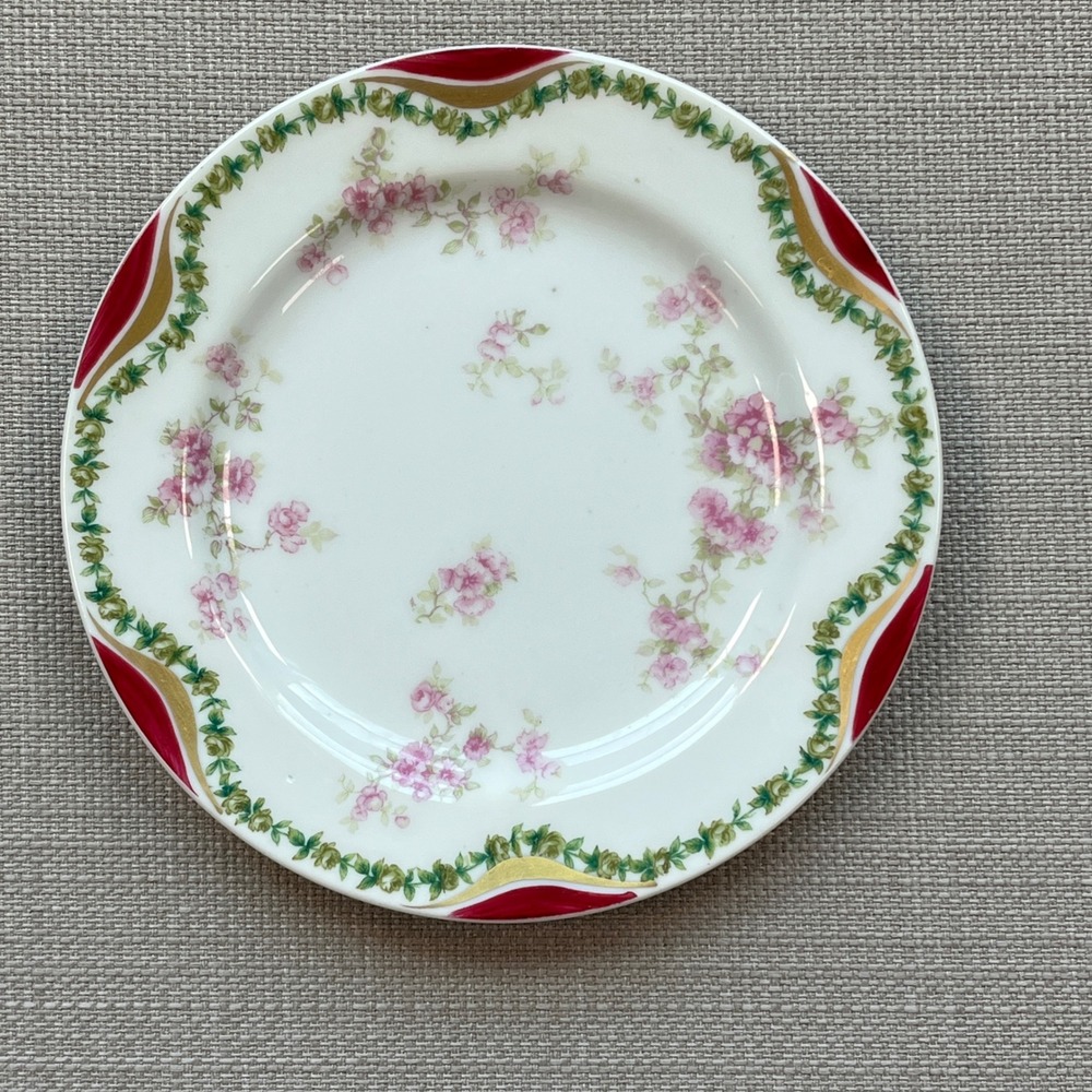 Antique Haviland Limoges France Plate Pink Rose Sprig & Magenta Gold Gilt